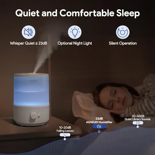 ASAKUKI Humidifiers for Bedroom, 3L Top Fill Cool Mist Humidifiers for Baby Nursery & Plants, 3-IN-1 Quiet Air Humidifier, Oil Diffuser & Night Light for Large Room Home, Auto Shut-off, BPA-Free, 30H