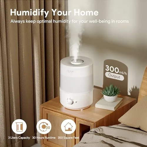ASAKUKI Humidifiers for Bedroom, 3L Top Fill Cool Mist Humidifiers for Baby Nursery & Plants, 3-IN-1 Quiet Air Humidifier, Oil Diffuser & Night Light for Large Room Home, Auto Shut-off, BPA-Free, 30H