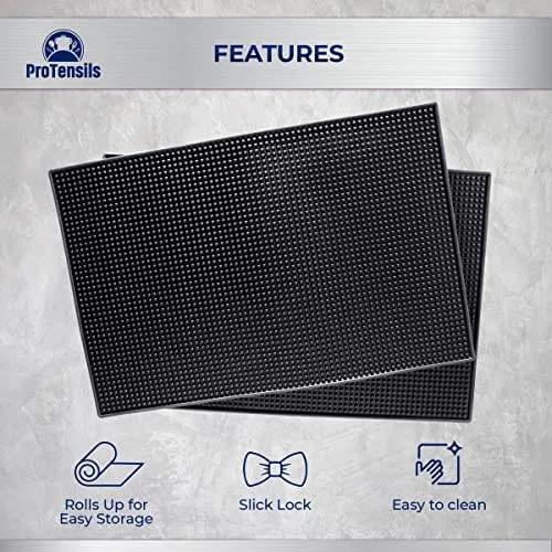 Bar Mat by ProTensils, 18" x 12", Quality Rubber Barber Service Mat, Black Coffee Bar Mats, Spill Mat for Counter-Top (2 Pieces)