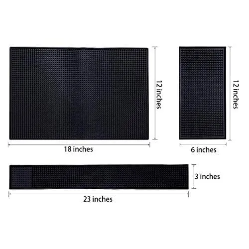 IMIYOKU Bar Mat Set of 3 Rubber Bar Service Spill Mat for Cocktail Bartender Coffee Bar or Countertop Mats Glass Drying Mat (BLACK, 18" x 12" 23" x 3" 12" x 6")