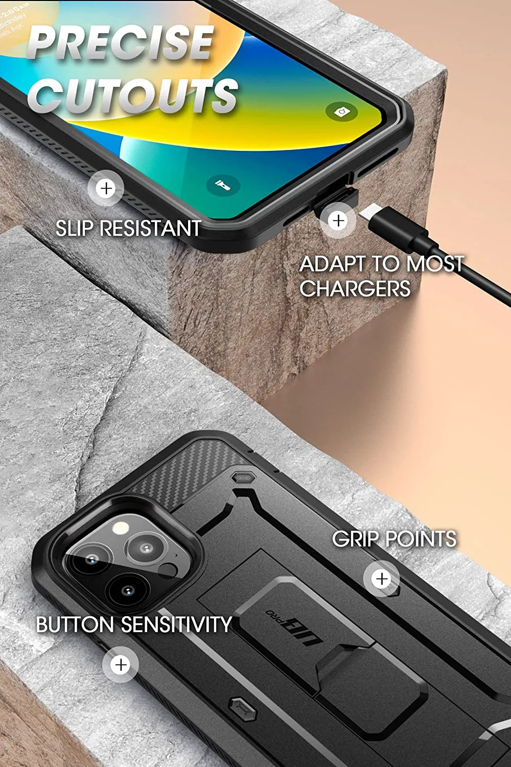iPhone 14 Pro 6.1", Built-in Screen Protecto Rugged Case Black