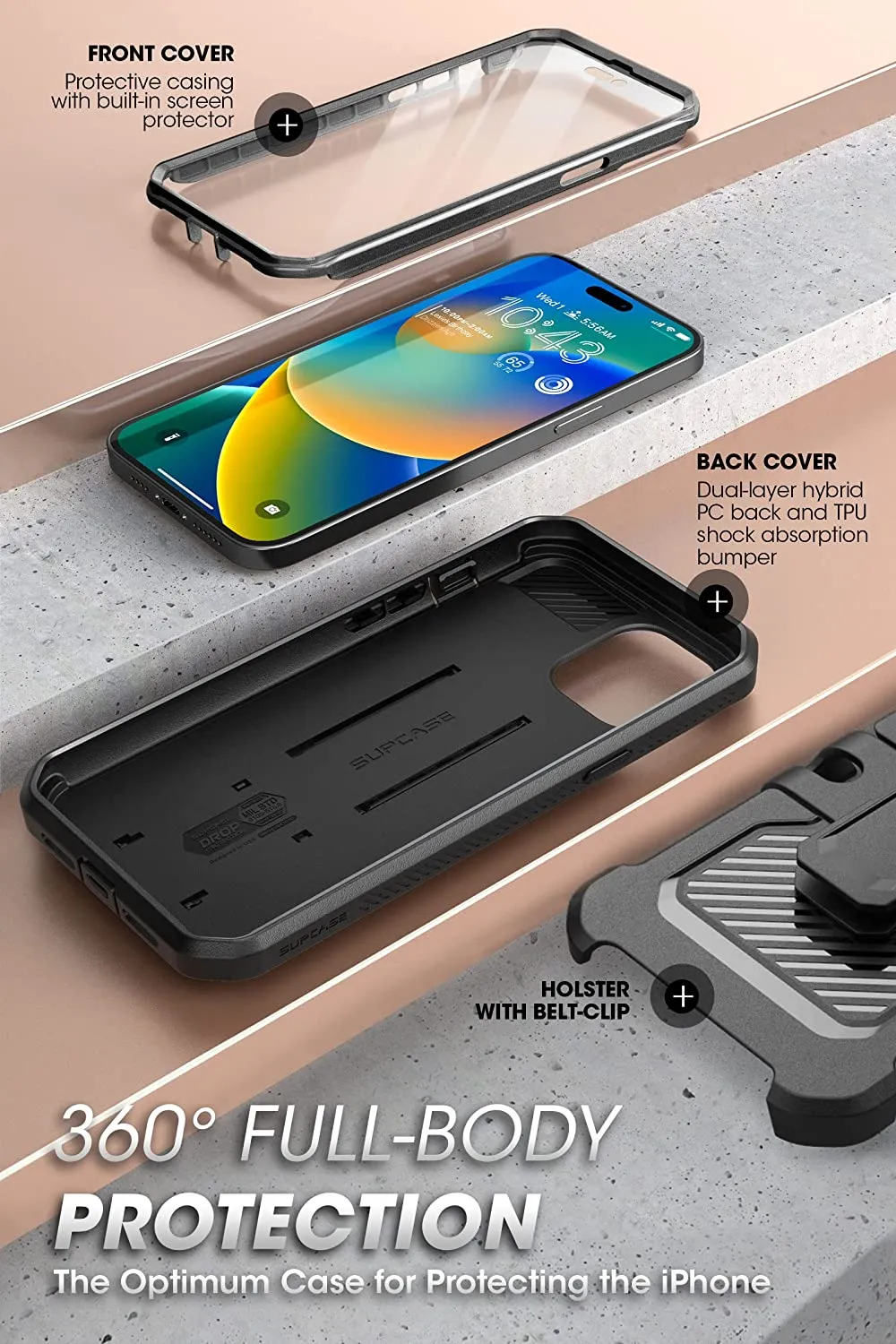 iPhone 14 Pro 6.1", Built-in Screen Protecto Rugged Case Black