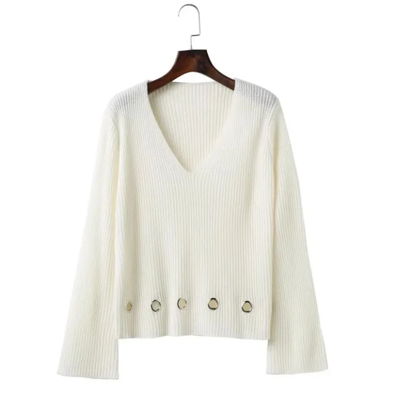 Openwork Hole V- neck Short Sweaters