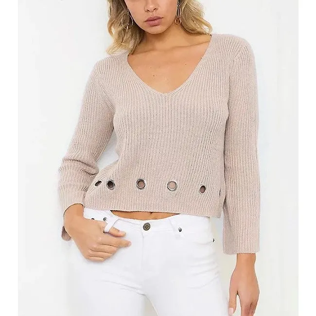 Openwork Hole V- neck Short Sweaters